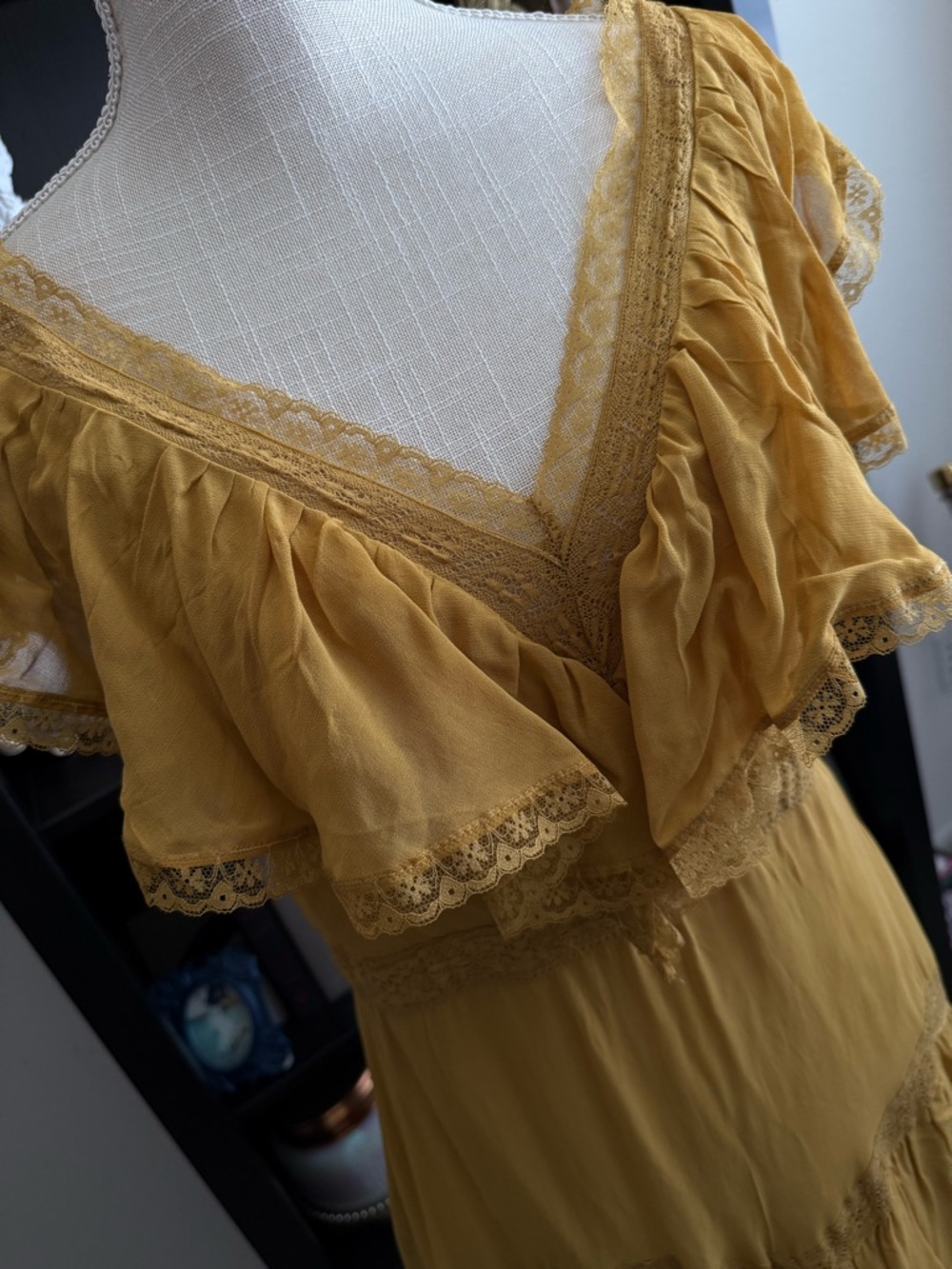 Mustard Yellow Lace-Trim Dress